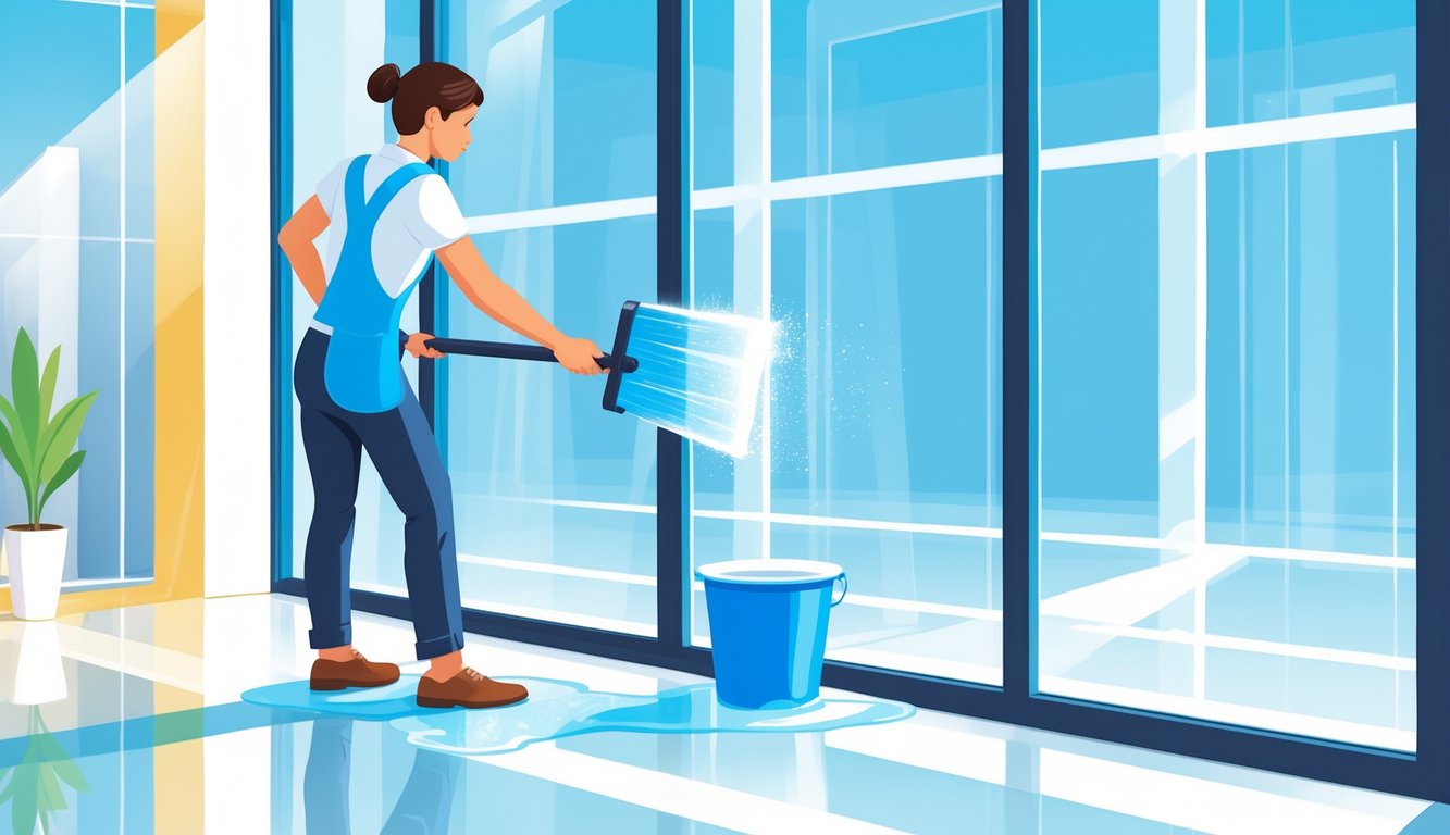 Osoba čisti veliki prozor s vrha prema dnu koristeći brisač prozora, s kantom sapunice u blizini.