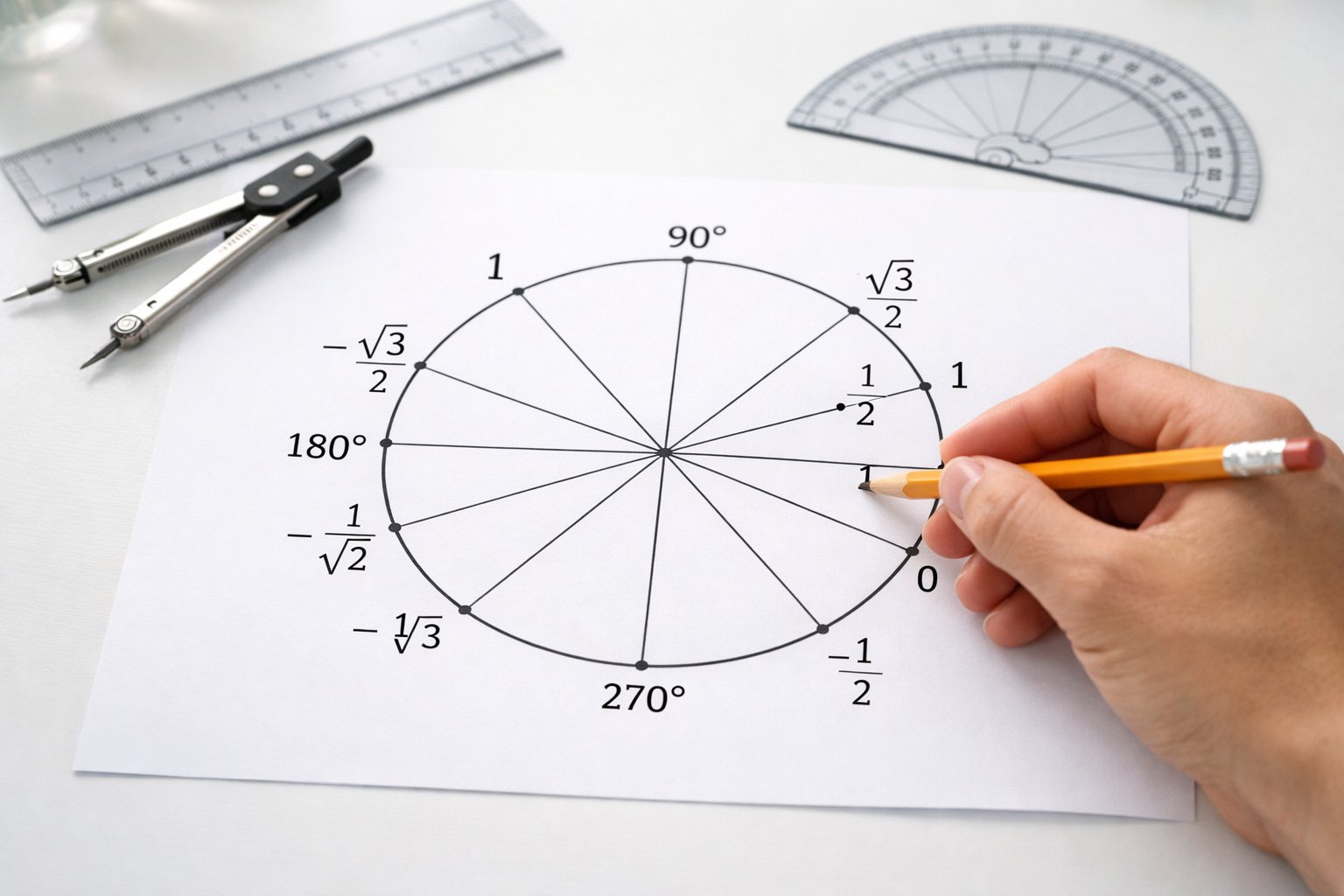 Ruka crta brojevnu kružnicu na papiru s matematičkim alatima na stolu.