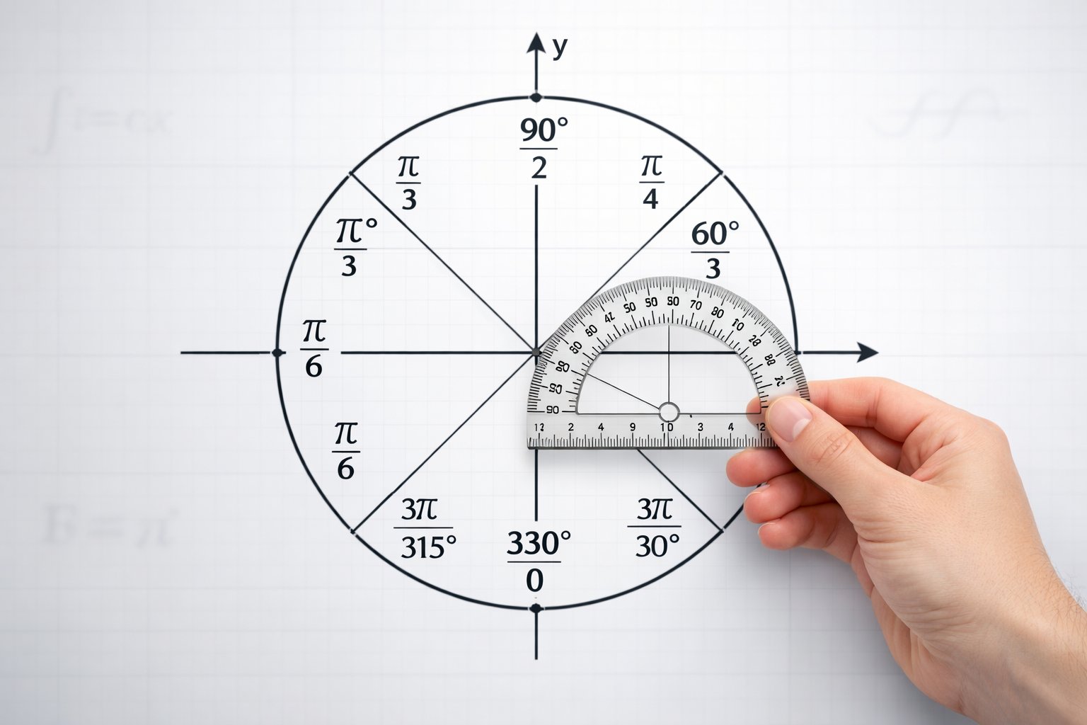 Numerička kružnica s označenim kutovima u radijanima i stupnjevima te rukom koja drži protractor uz kružnicu.