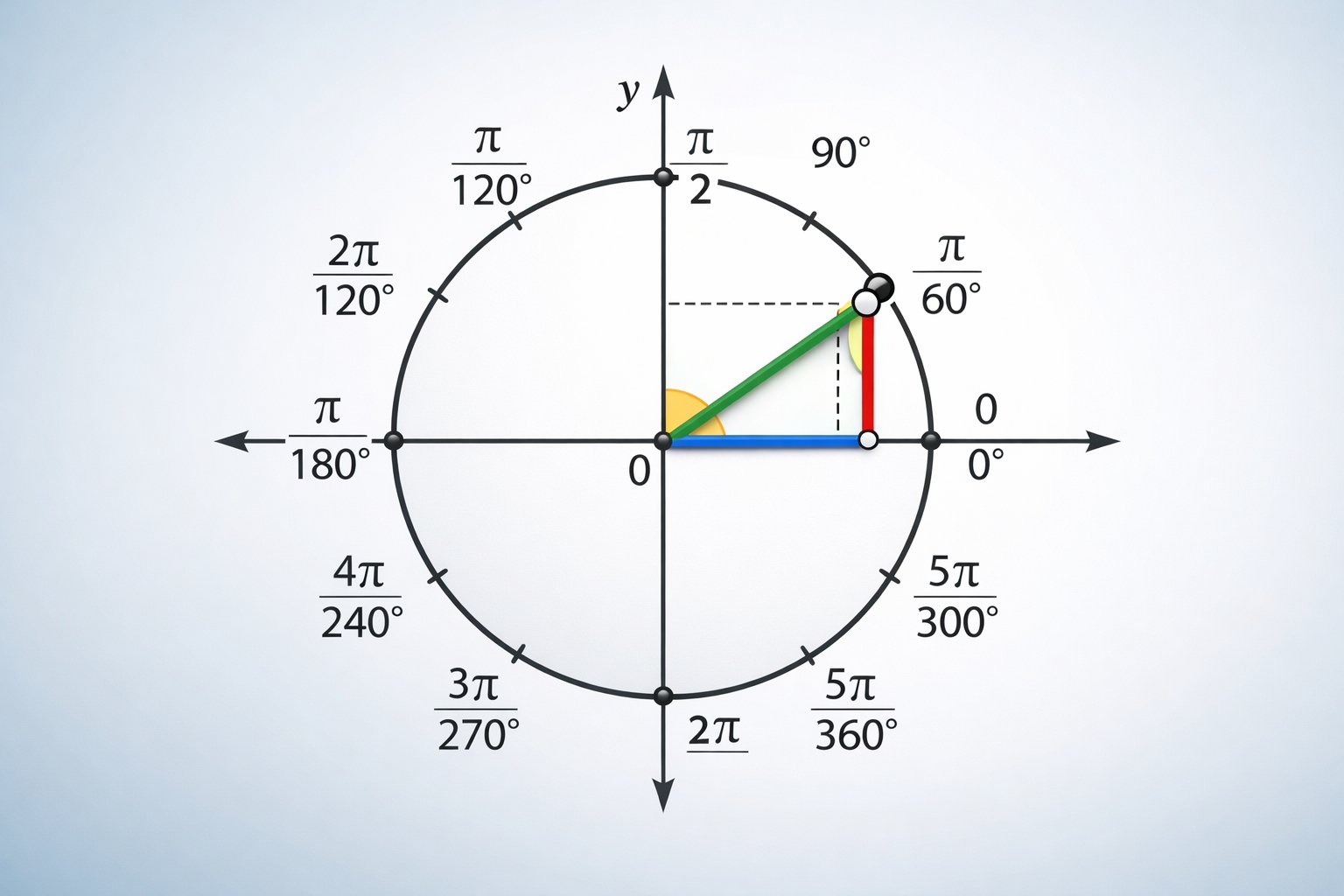 Matematički dijagram brojevne kružnice s označenim kutovima i projekcijama na osi x i y.