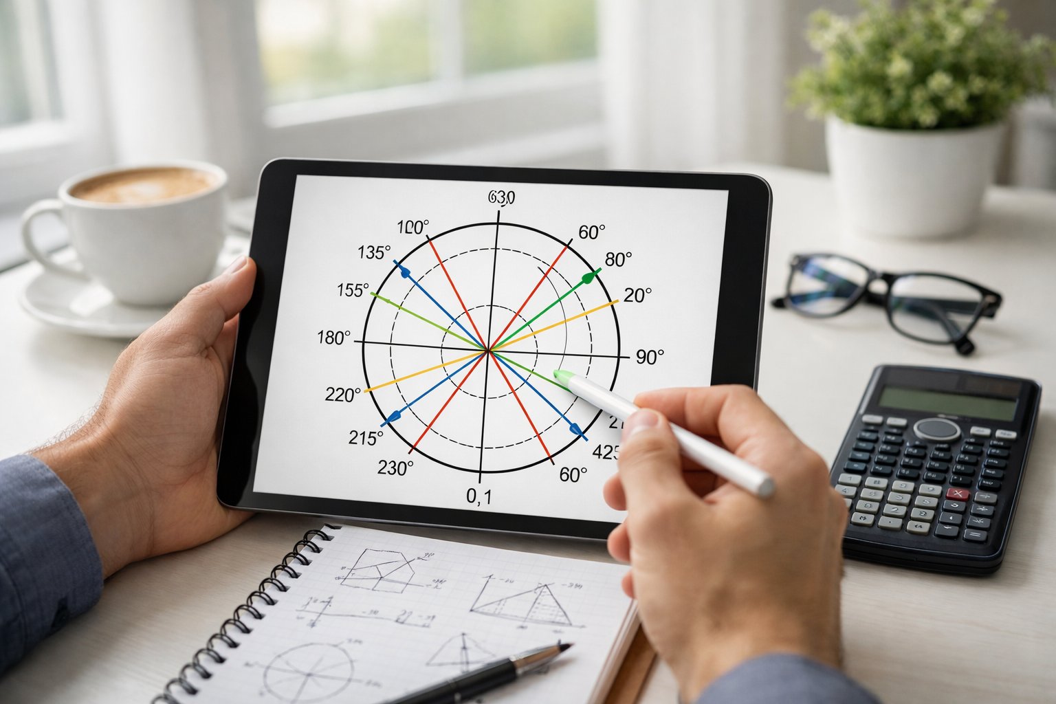 Osoba koristi digitalni tablet s prikazom brojevne kružnice u modernom uredskom okruženju s bilježnicom, kalkulatorom i šalicom kave.