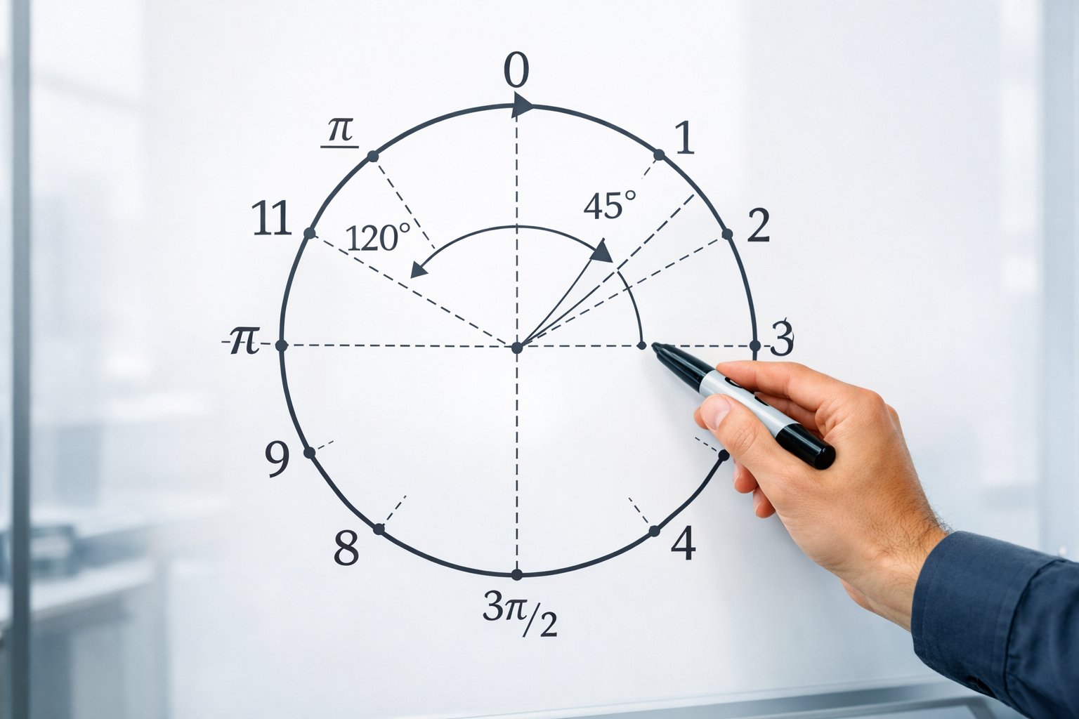 Ruka pokazuje na matematički kružni dijagram na ploči u uredskom okruženju.