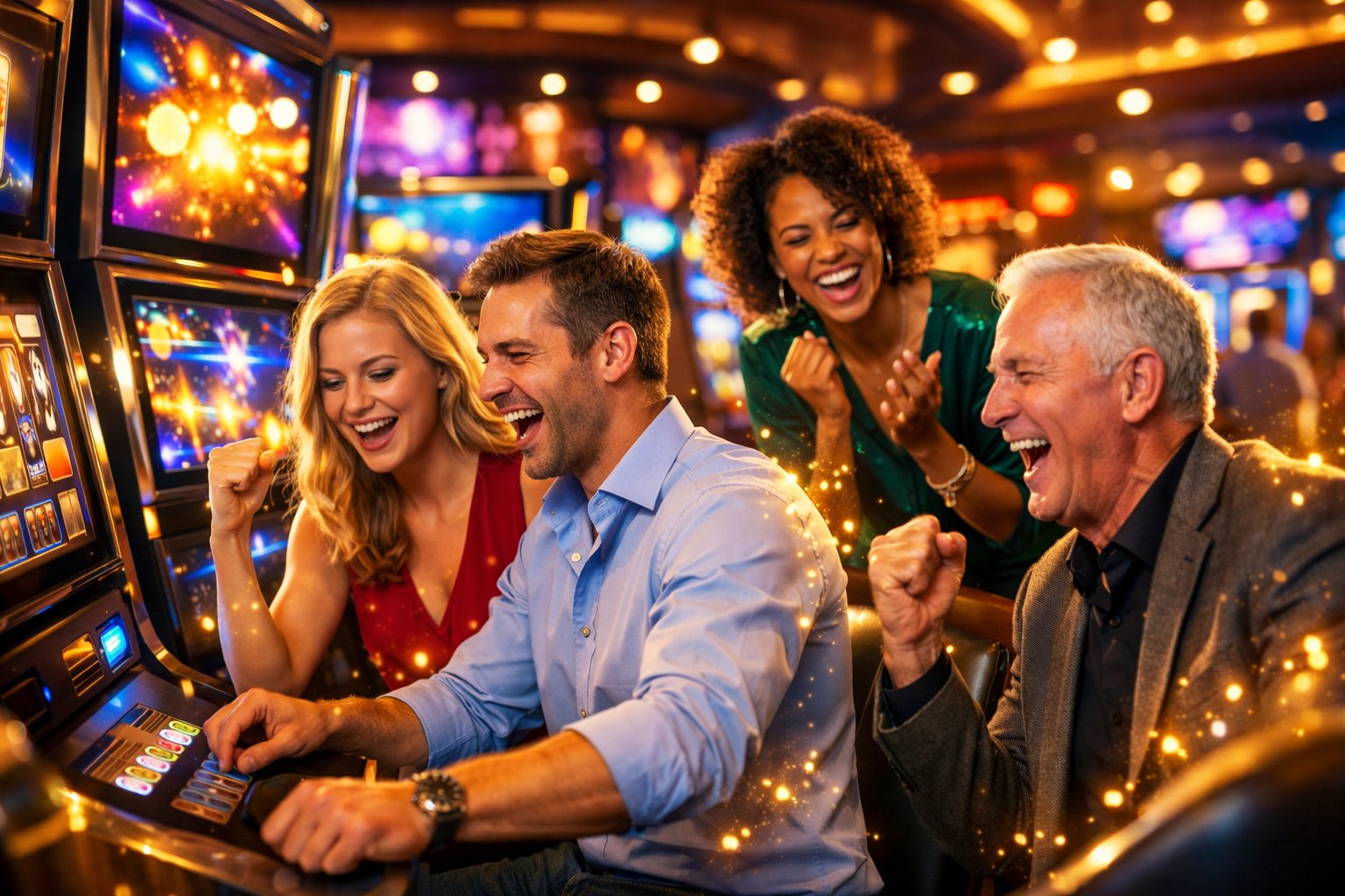 A Lively Casino Interior With People Enjoying Slot Machines And Celebrating Wins.