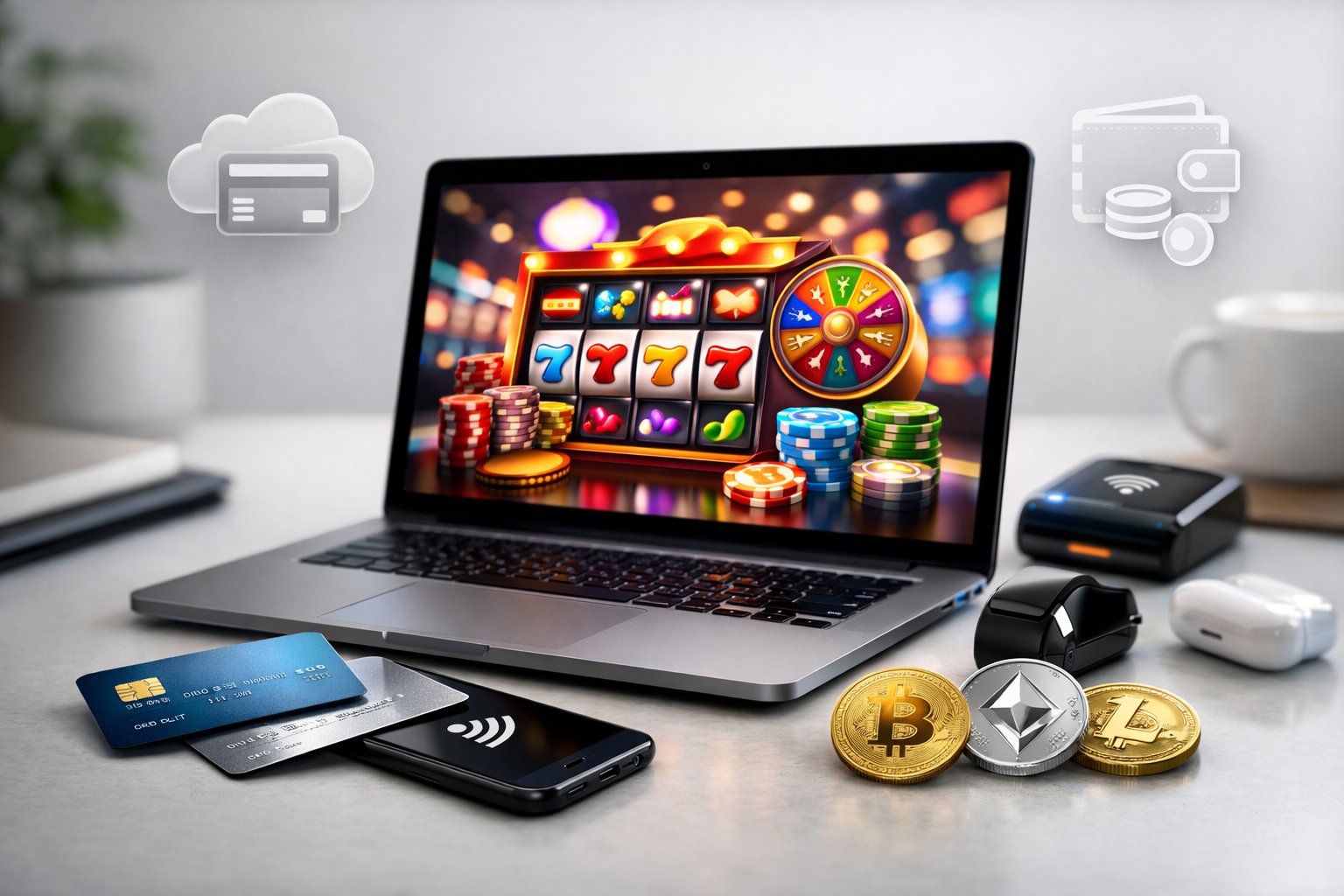 A Computer Displaying An Online Casino Interface Surrounded By Icons Representing Various Payment Methods.