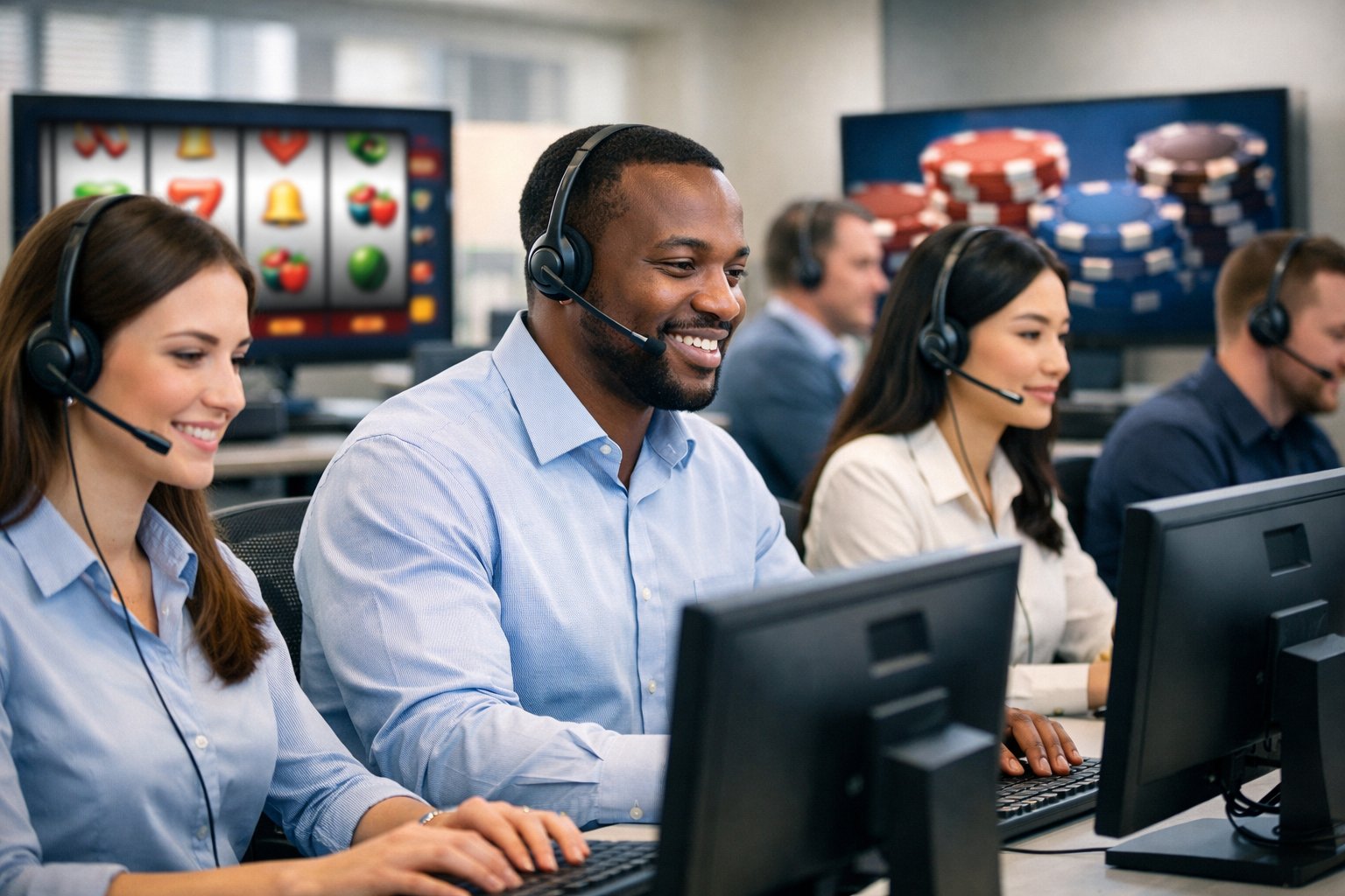 Customer Support Representatives Wearing Headsets Working At Computers In A Modern Office Environment.