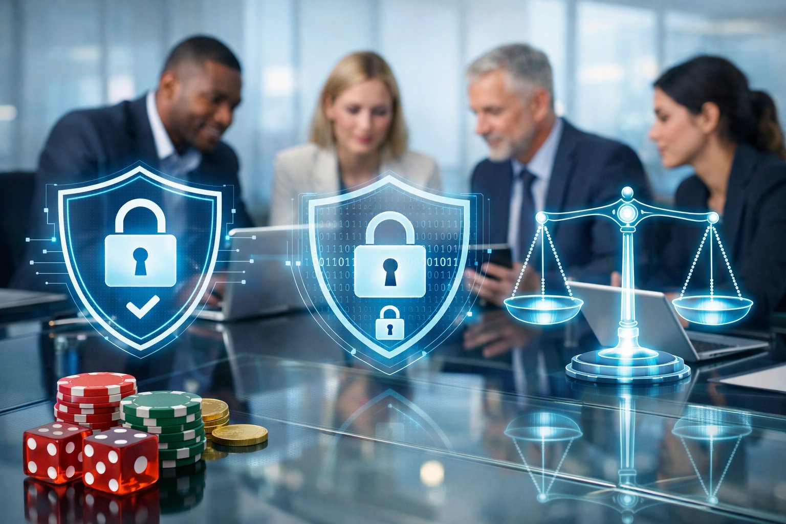 A Group Of Professionals Working Together Around A Table With Digital Screens Showing Security And Fairness Symbols.