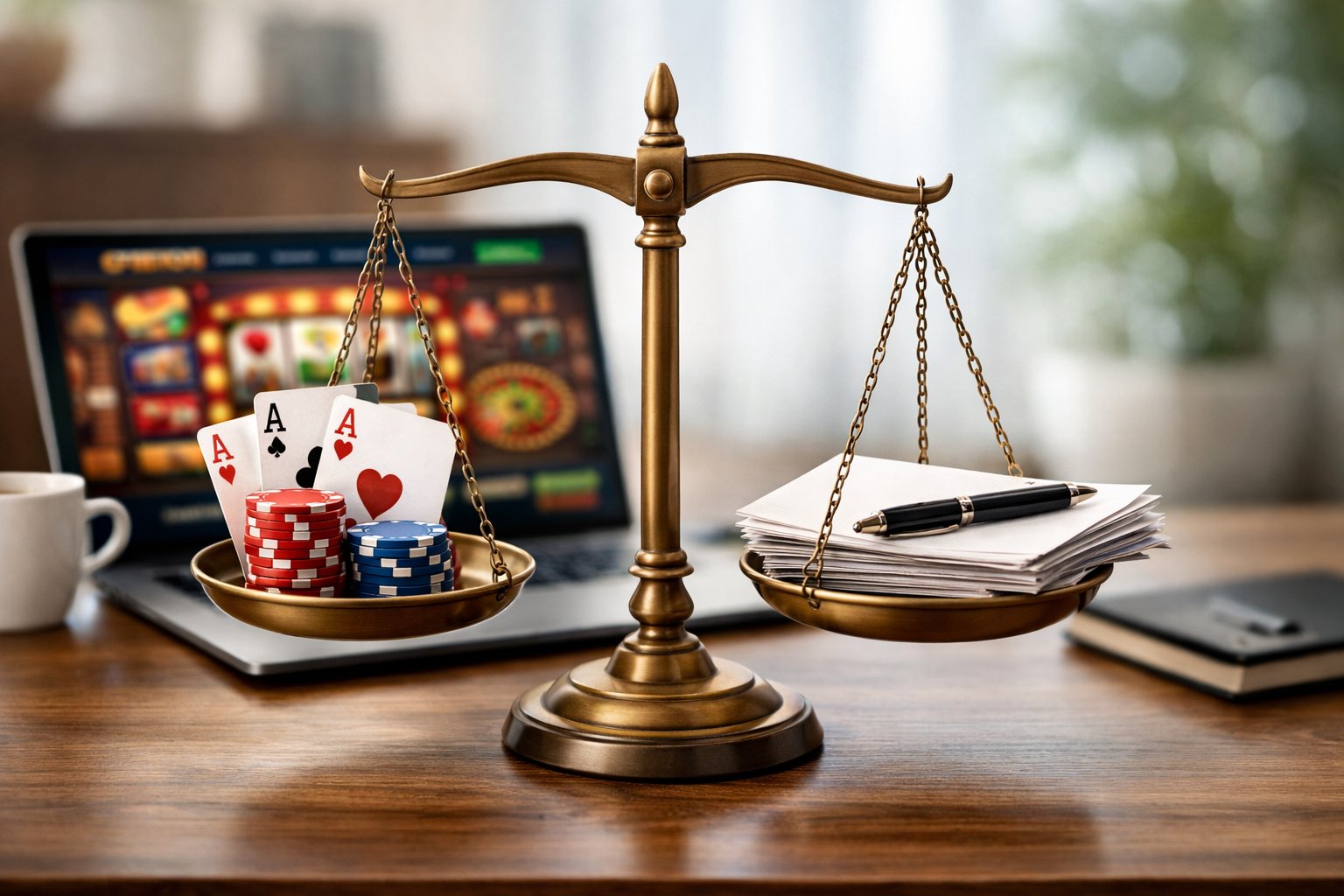 A Balanced Scale On A Desk With Casino Chips And Cards On One Side And Documents With A Pen On The Other, Next To A Laptop Showing A Casino Website In A Bright Office Setting.