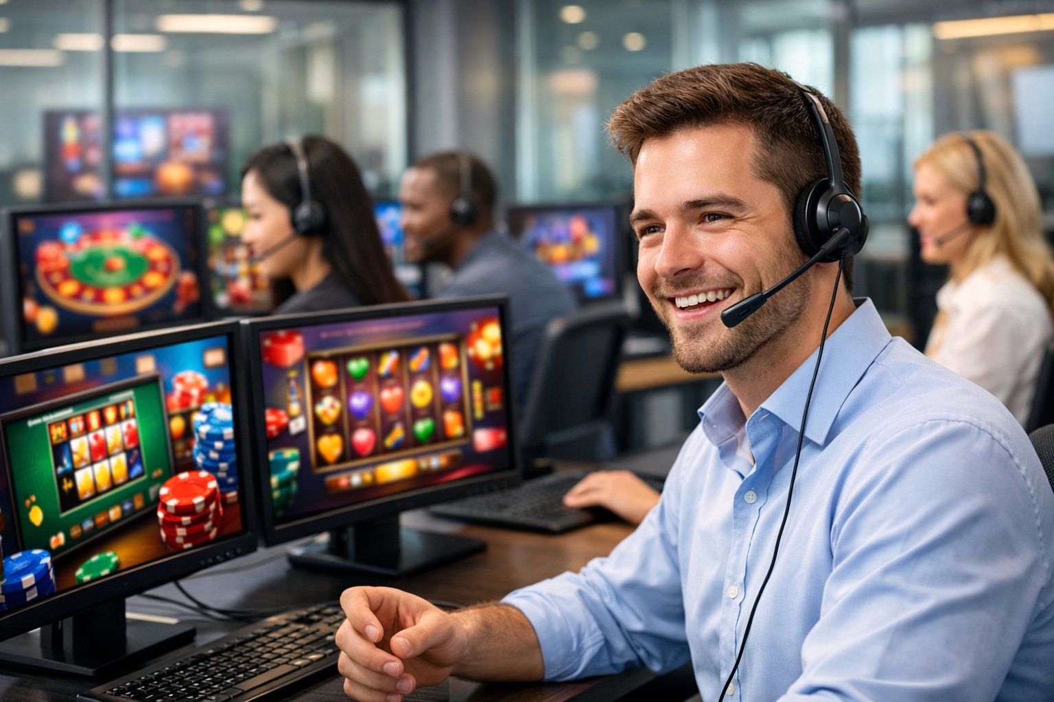Customer Support Representatives Wearing Headsets Working At Computers In A Modern Office Environment With Casino Game Visuals On Screens.