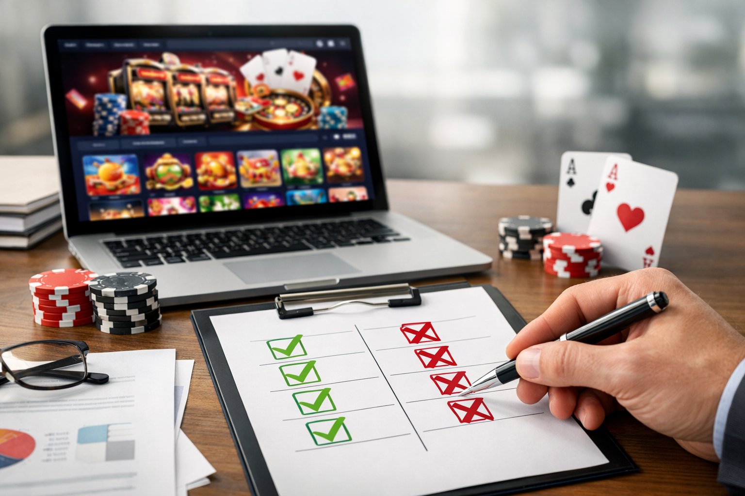 A Person At A Desk Reviewing Documents And A Laptop With CasinoThemed Visuals, Surrounded By Poker Chips And Playing Cards.