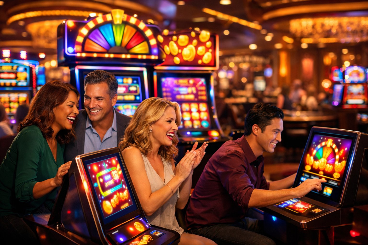 A Lively Casino Scene With People Enjoying Slot Machines And Digital Kiosks Showcasing Promotional Offers.