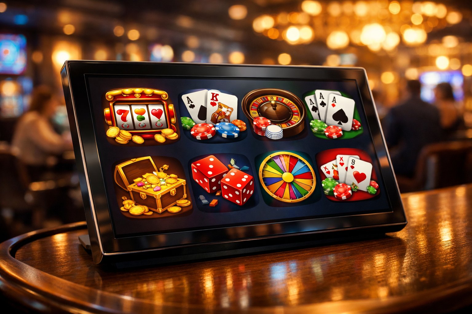 A Digital Touchscreen Display Showing Various Colorful Casino Game Icons With A Lively Casino Environment In The Background.