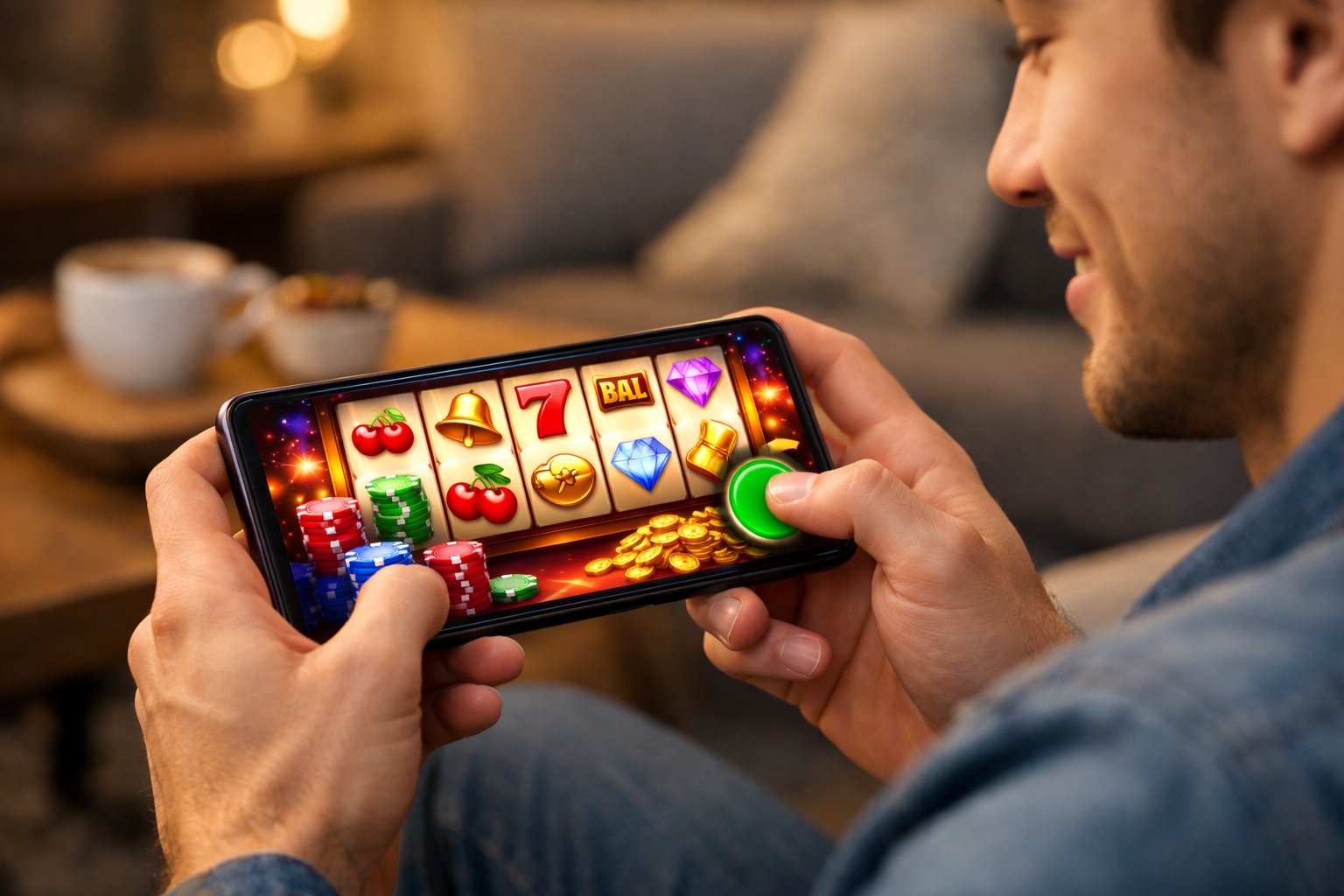 A Person Holding A Smartphone Showing A Colorful Casino Game In A Cozy Indoor Setting.