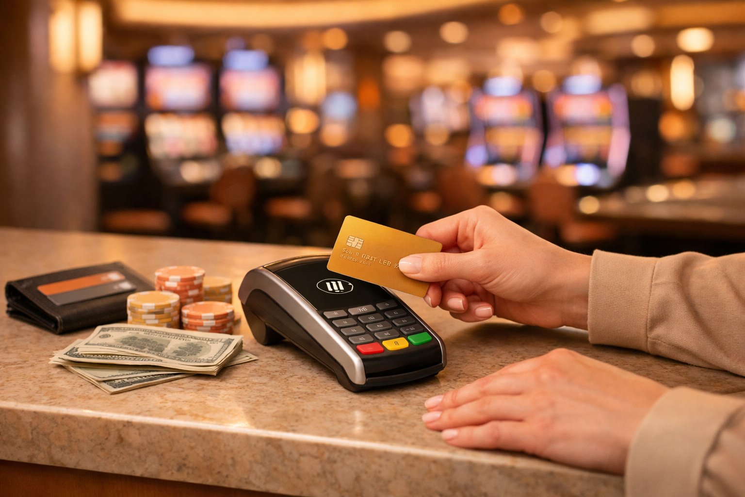 Hands Holding A Credit Card Near A Payment Terminal At A Casino Counter With Gaming Machines In The Background.