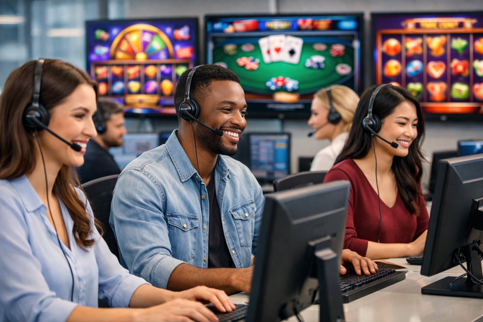Customer Support Representatives Wearing Headsets Working At Computers In A Modern Office With Screens Showing Casino Game Graphics.