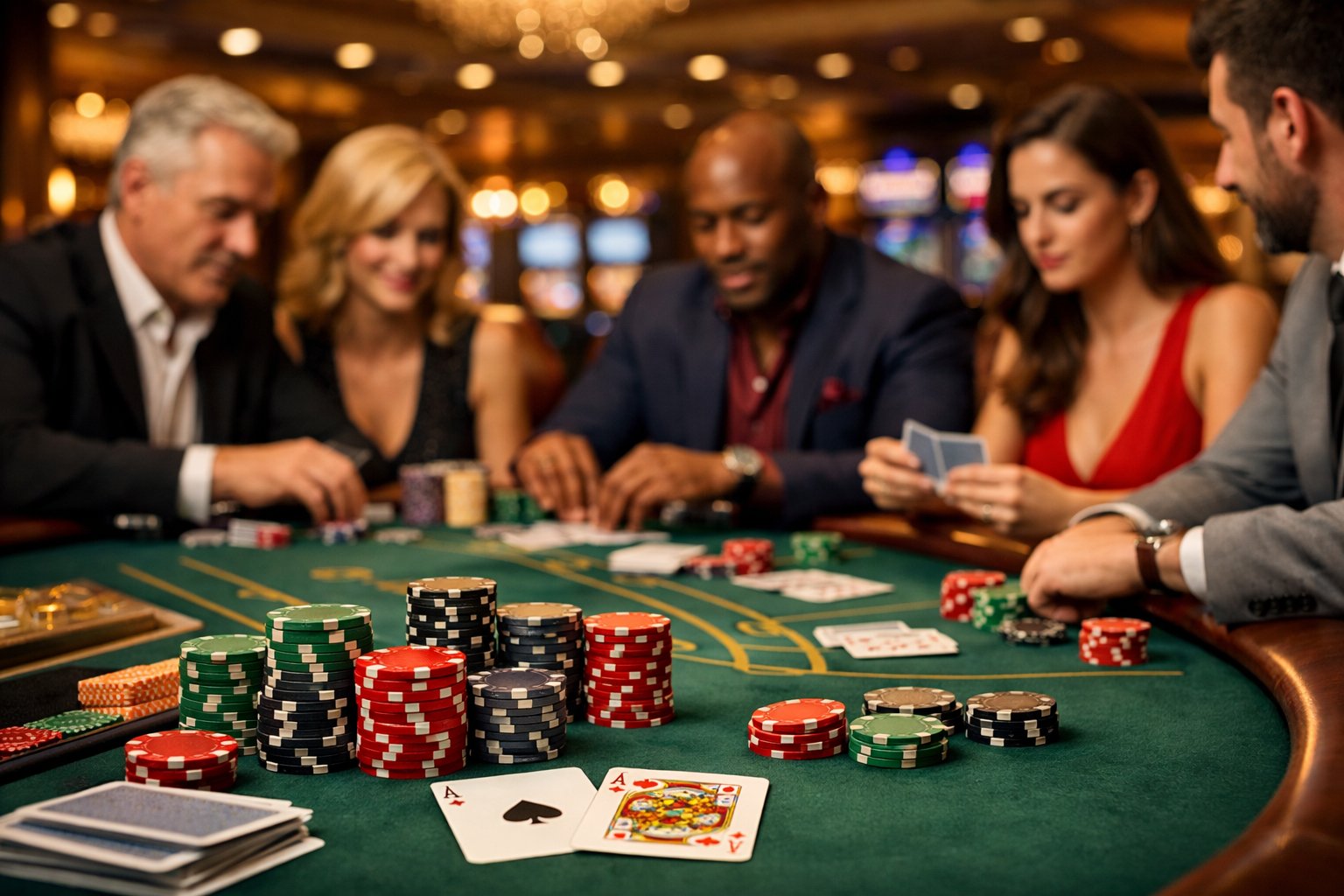 People Playing Casino Games At A Gaming Table With Chips And Cards In A WellLit Casino Setting.