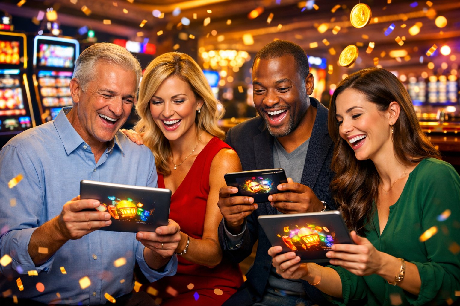 People Enjoying A Lively Casino Setting With Slot Machines And Digital Devices Showing Bonus Offers.