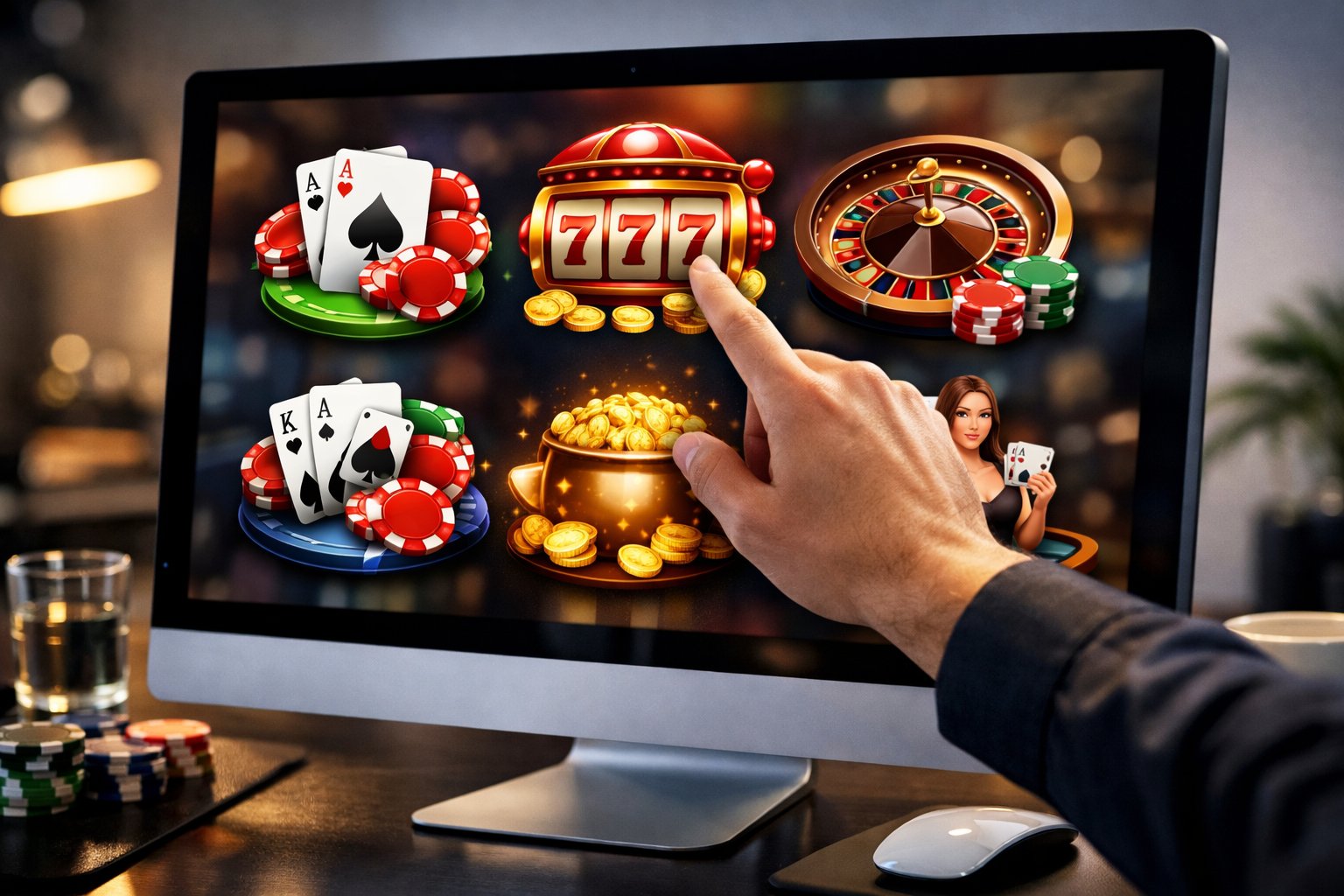 A Person Selecting A Casino Game On A Large Computer Screen Displaying Colorful Game Icons In A Modern Workspace.