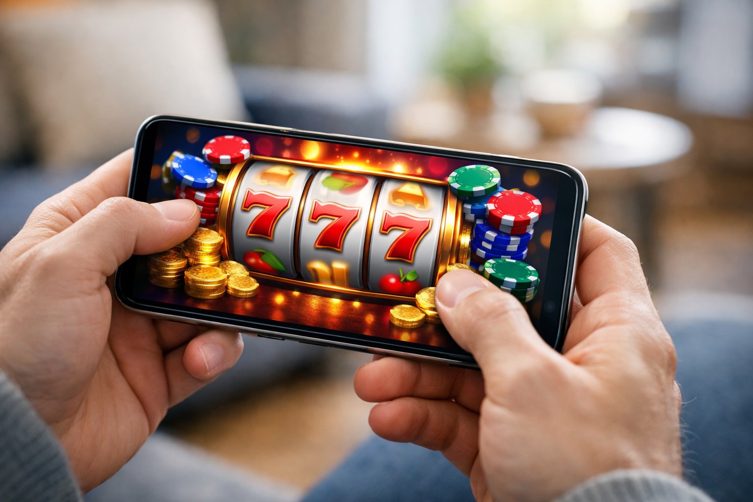 A Person Holding A Smartphone Showing A Colorful Casino Game With Slot Reels And Chips In A Bright Indoor Setting.