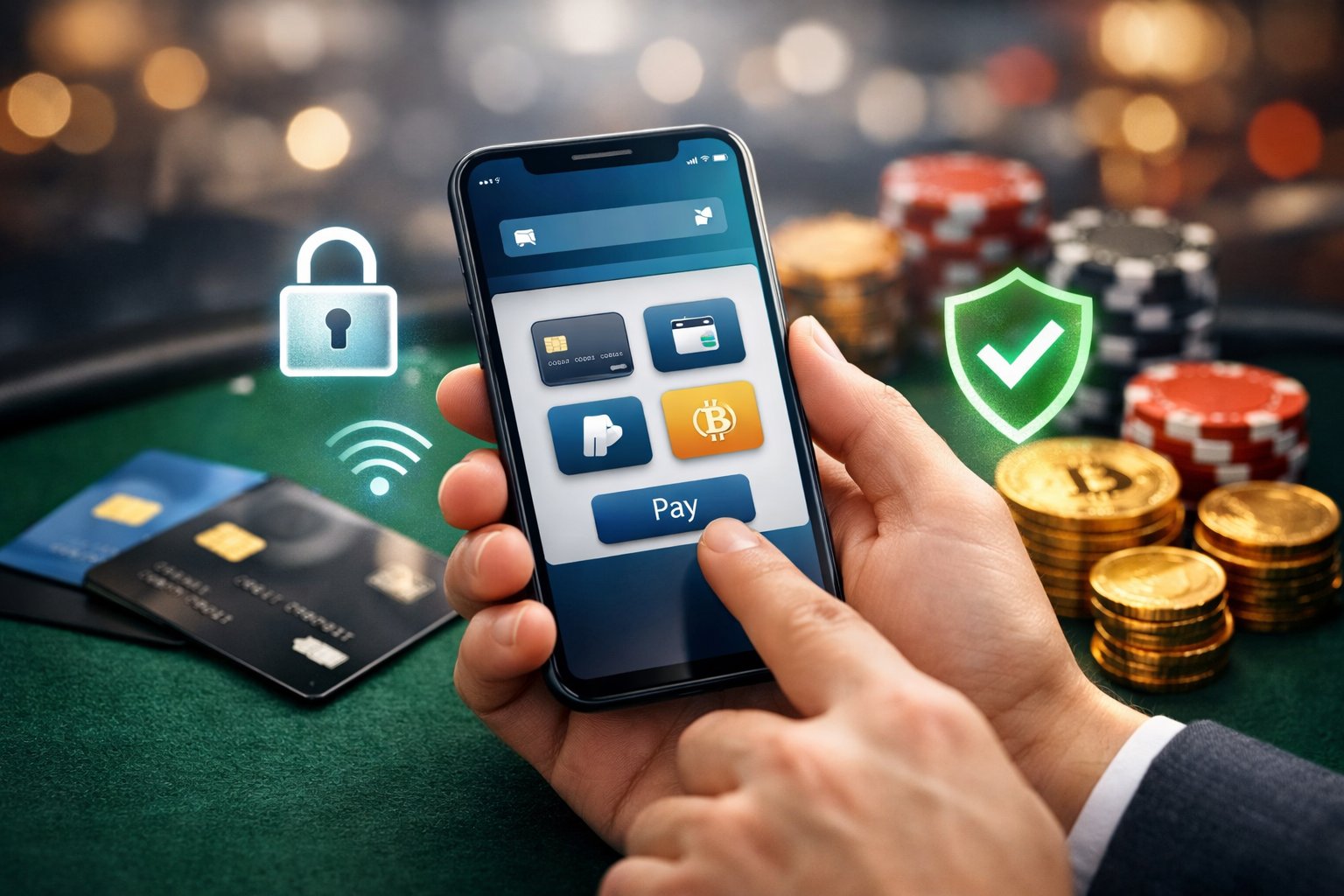 CloseUp Of Hands Holding A Smartphone Showing A Digital Payment App, Surrounded By Credit Cards And Symbols Representing Secure Online Payments With A Blurred Casino Background.