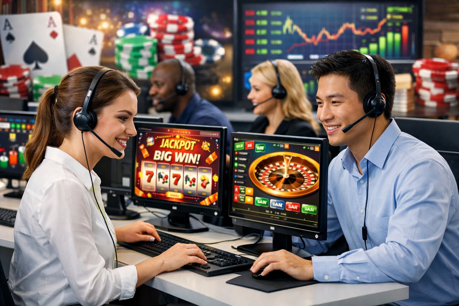 A Team Of Customer Support Representatives Wearing Headsets Working At Computers In A Modern Office With CasinoThemed Graphics On The Screens.