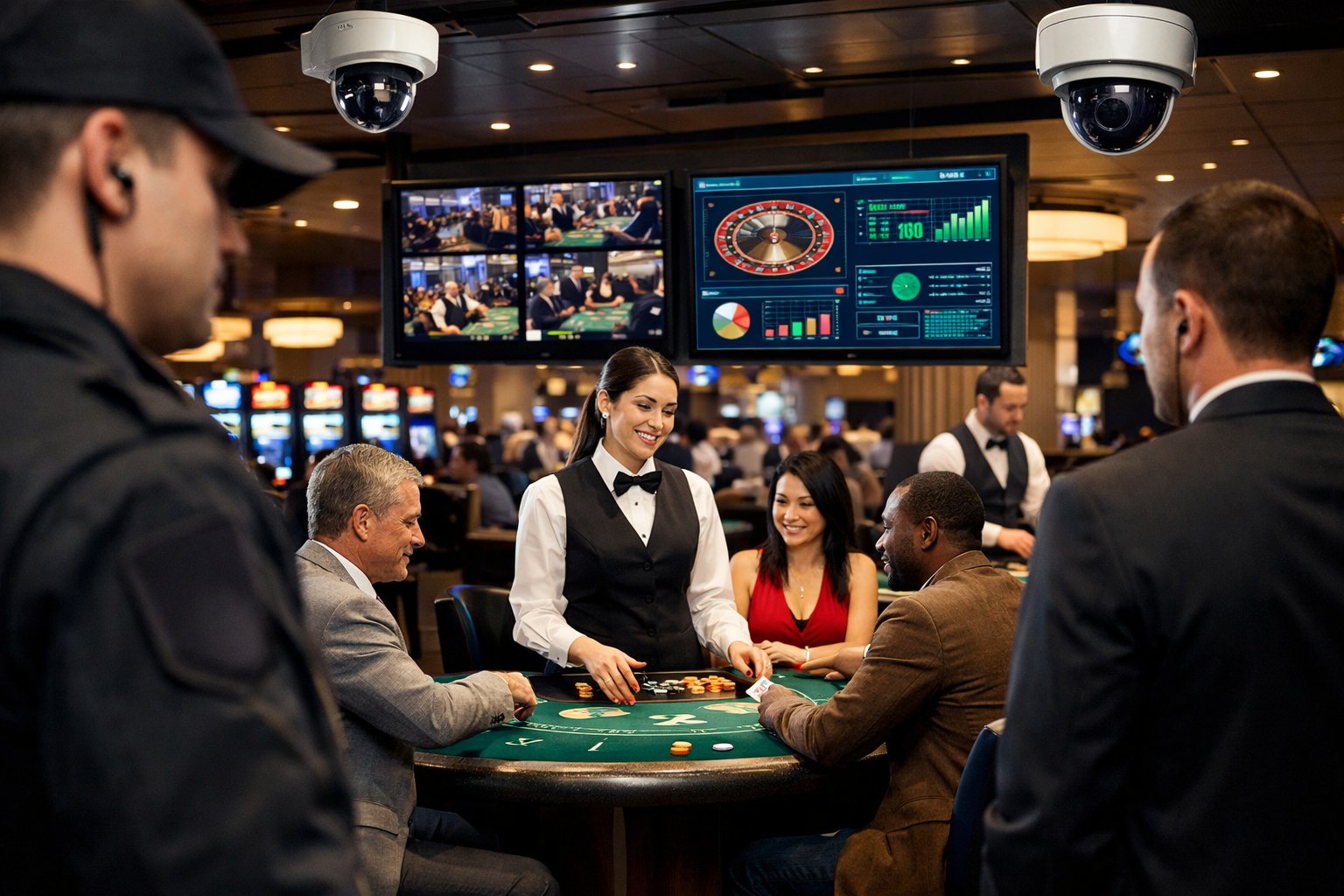 A Casino Floor Showing Dealers, Security Staff, Gaming Tables, And Security Cameras In A WellLit Environment.