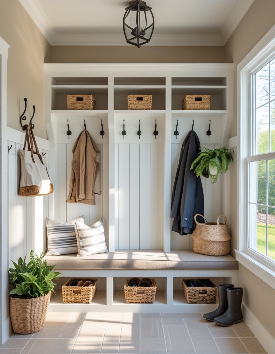 A bright mudroom with white built-in cubbies, a wooden bench with cushions, storage baskets, coats hanging on hooks, and natural light coming through a window.