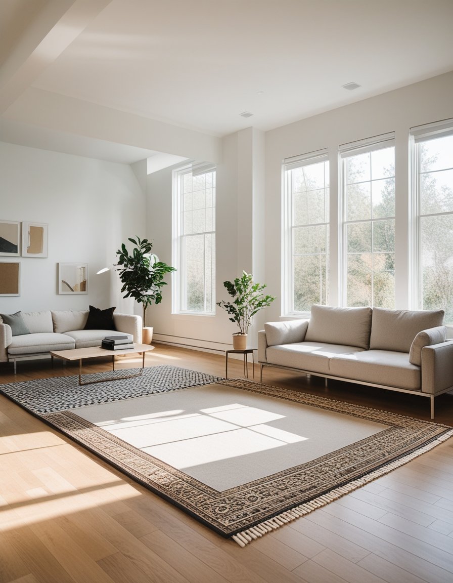 A living room with layered rugs on a hardwood floor, a sofa, coffee table, and natural light coming through large windows.