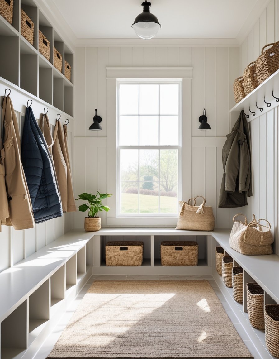 A tidy mudroom with storage cubbies, hooks for coats, a bench with baskets underneath, and natural light coming through a window.