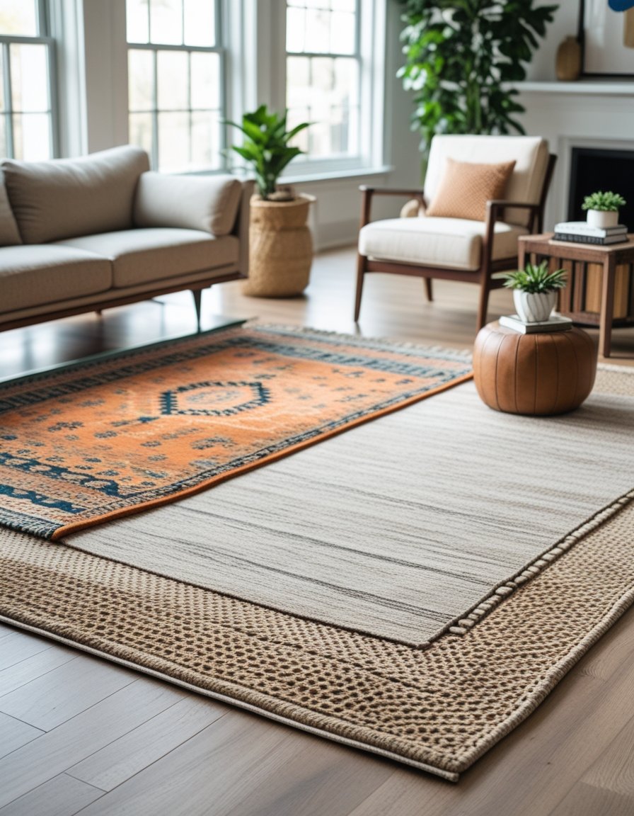 A living room with multiple rugs layered on the floor, surrounded by a sofa, coffee table, and armchair.