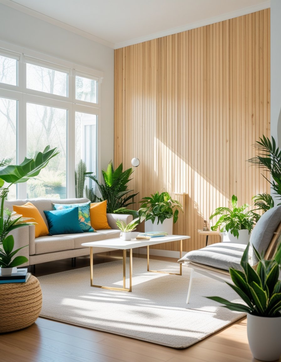A living room with painted wood paneling walls, modern furniture, and plants, showing an updated interior space.