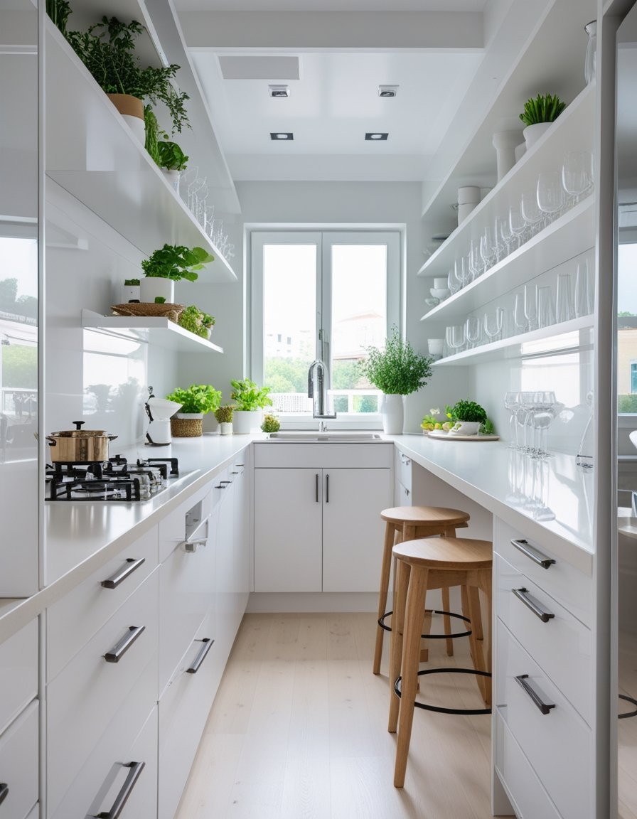 A small kitchen with white cabinets, open shelves, a large window, and a compact island, designed to feel spacious and bright.