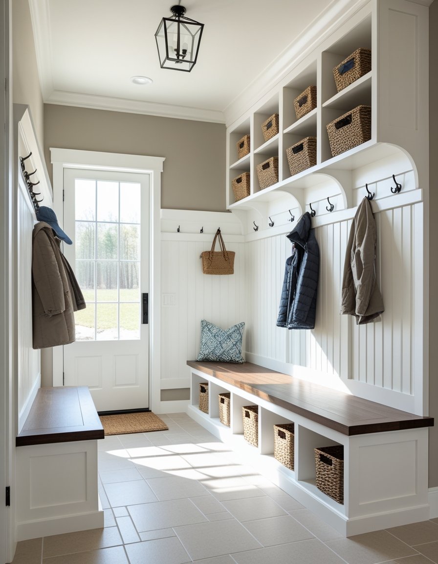 A bright mudroom with built-in-style cabinets, hooks for coats, baskets on shelves, and a storage bench near a window.