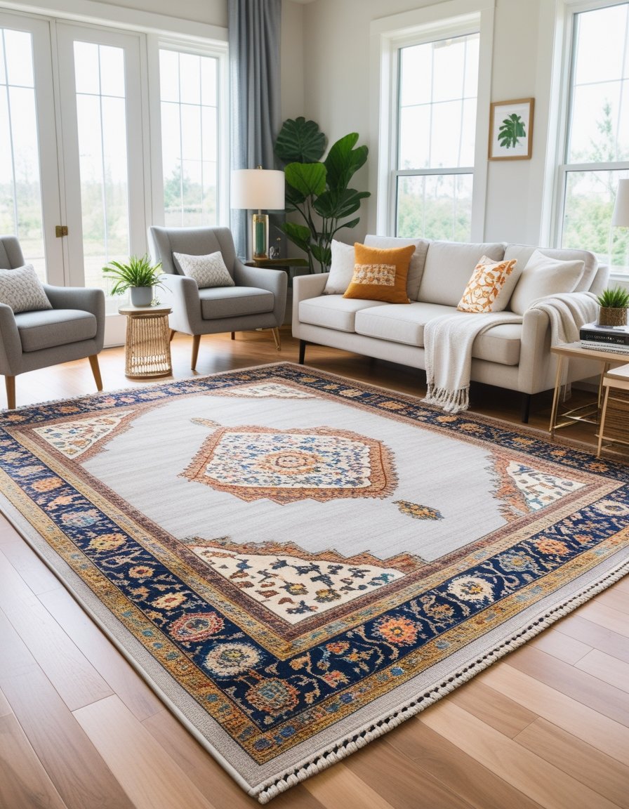 Living room with layered rugs on the floor, sofa, armchair, coffee table, and natural light coming through windows.