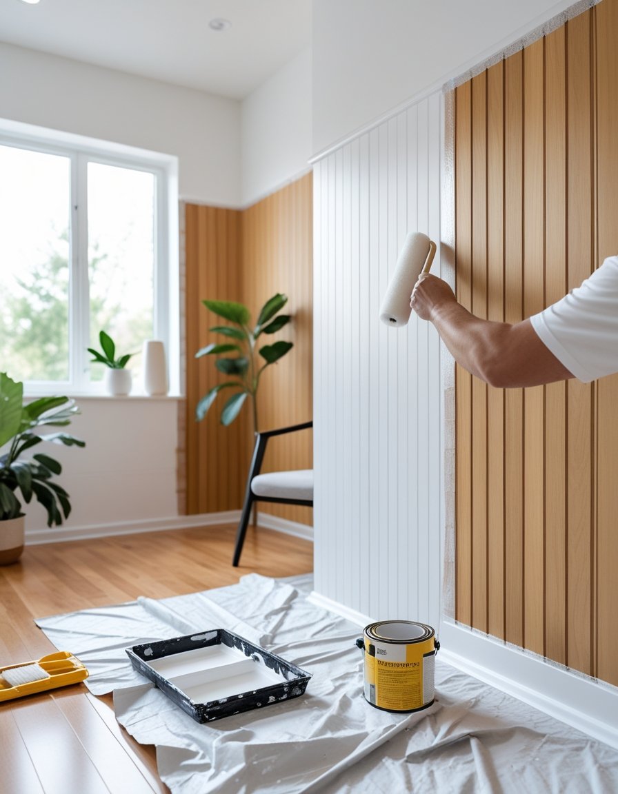Person painting wood paneled wall white in a well-lit room with painting supplies nearby.