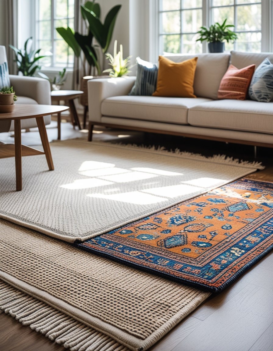 A living room with layered rugs of different textures and patterns beneath a sofa and coffee table.