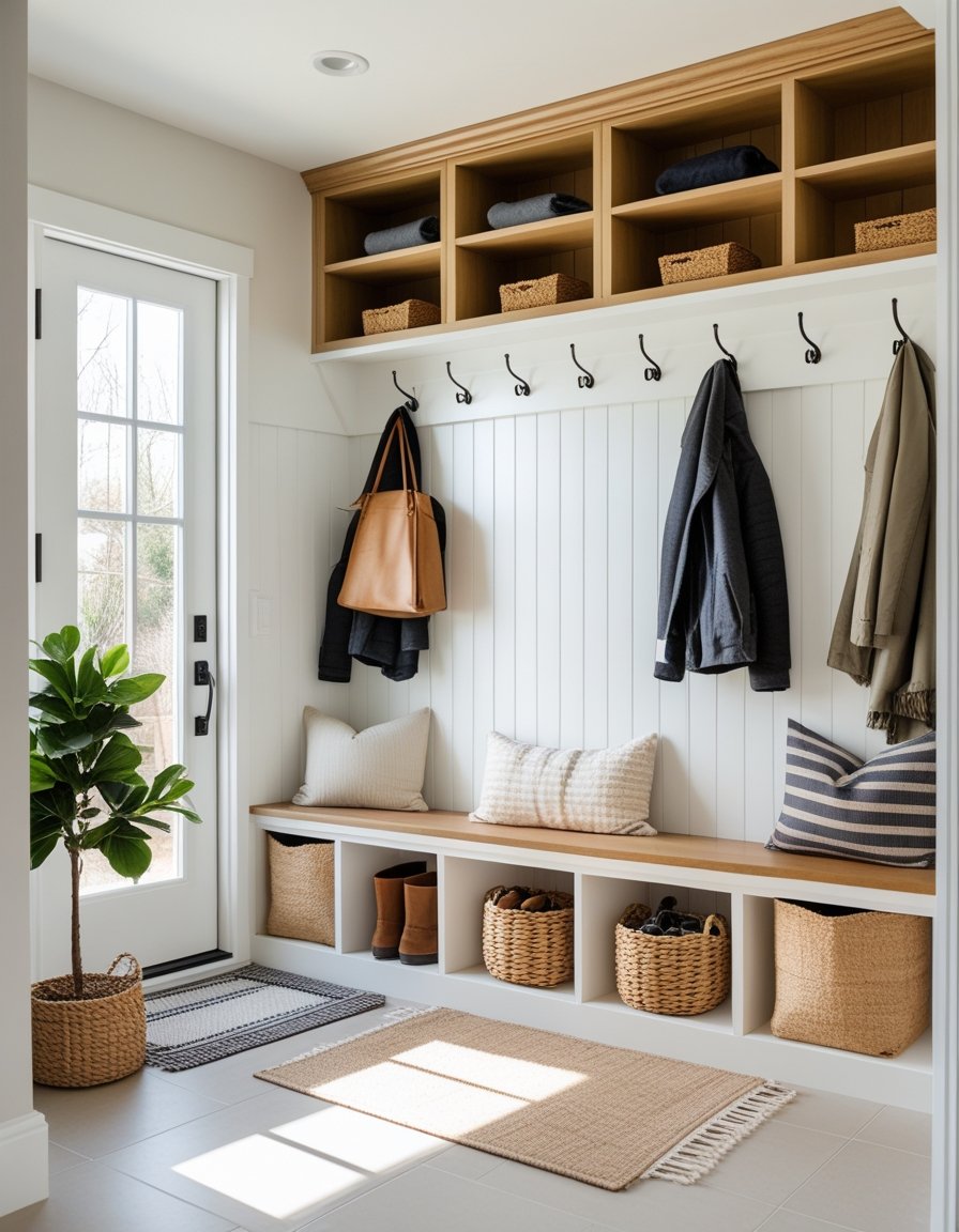 A bright mudroom with built-in wooden storage cubbies, hooks for coats, a cushioned bench, baskets for shoes, and natural light coming through a window.