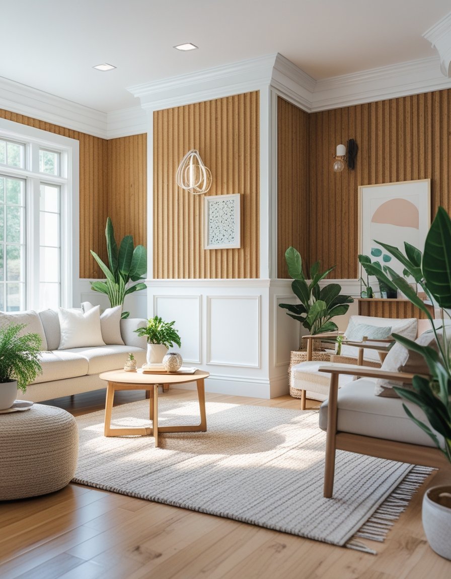 Living room with updated wood paneling featuring decorative molding and fresh paint, modern furniture, and natural light.