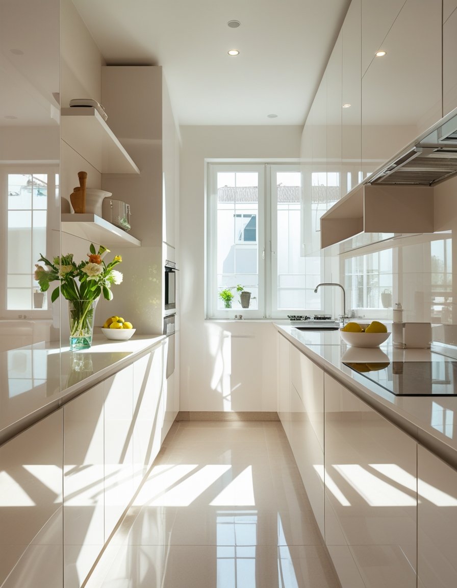 A small kitchen with light-colored cabinets, large windows letting in sunlight, reflective surfaces, and a compact, organized layout that feels spacious.