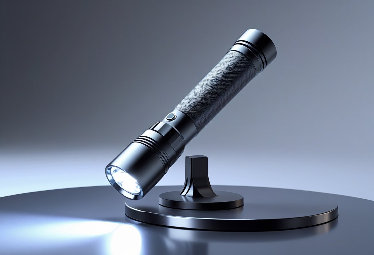 A compact flashlight with a magnetic base attached to a metal surface.