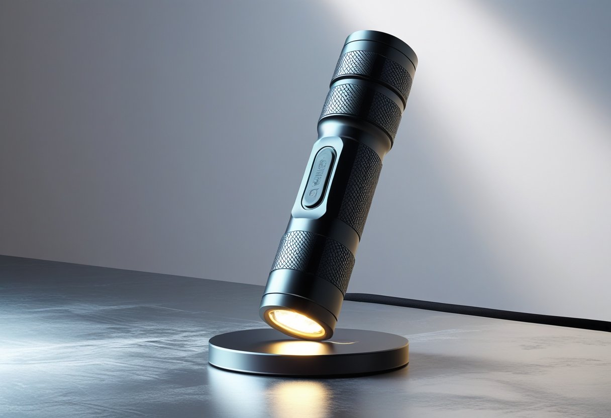 A flashlight standing upright on a metal surface with a magnetic base attached, showing its ability to stick to metal.