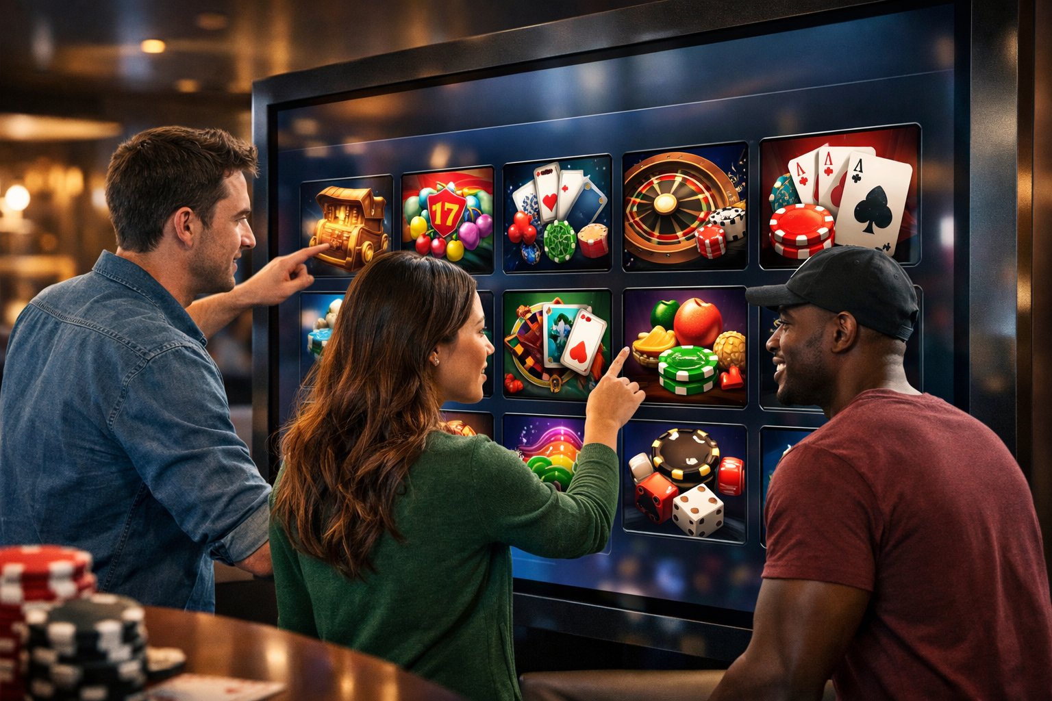 People Interacting With A Large Touchscreen Displaying Various Casino Games In A Modern Lounge Setting.