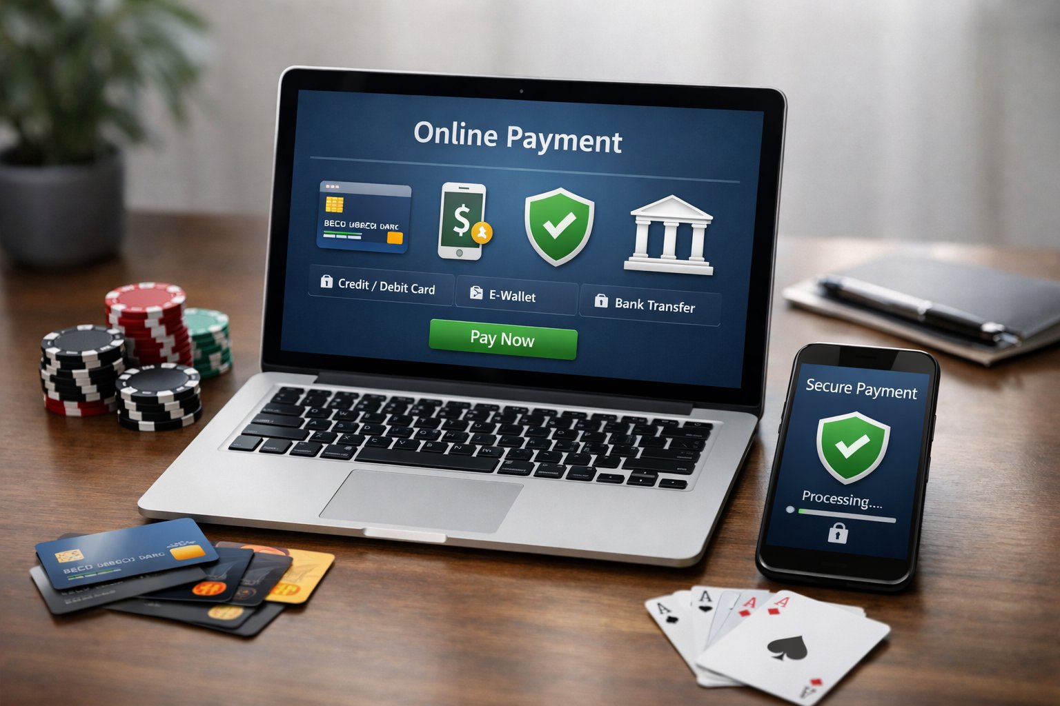 A Desk With A Laptop, Credit Cards, Smartphone, And Poker Chips Arranged To Represent Online Payment Methods For A Casino.