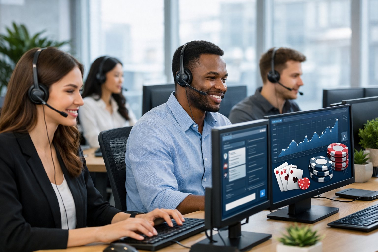 Customer Support Representatives Wearing Headsets Working At Computers In A Bright Office Environment.
