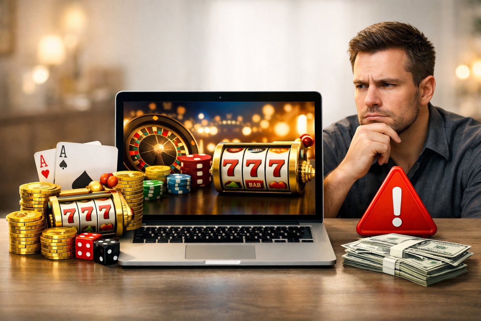 A Person Thoughtfully Considering Casino Chips And Cards Next To A Laptop Displaying A Casino Website, Representing The Pros And Cons Of An Online Casino.