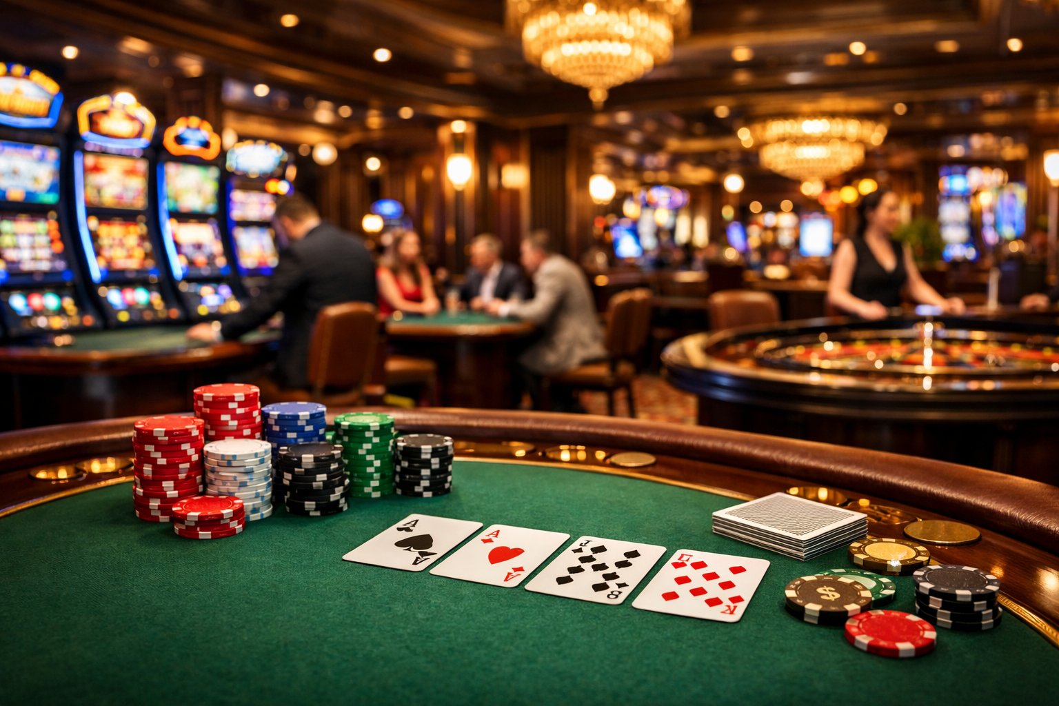 Interior Of A Lively Casino With Gaming Tables, Slot Machines, And People Playing Games.