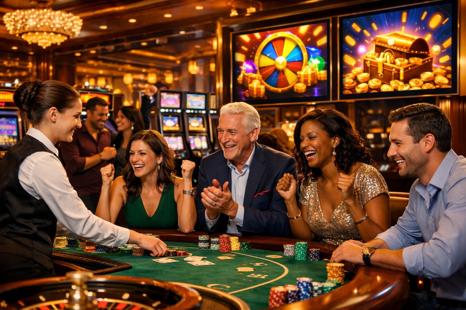 A Lively Casino Interior With People Playing Games And Colorful Displays Of Bonus Offers And Promotions.