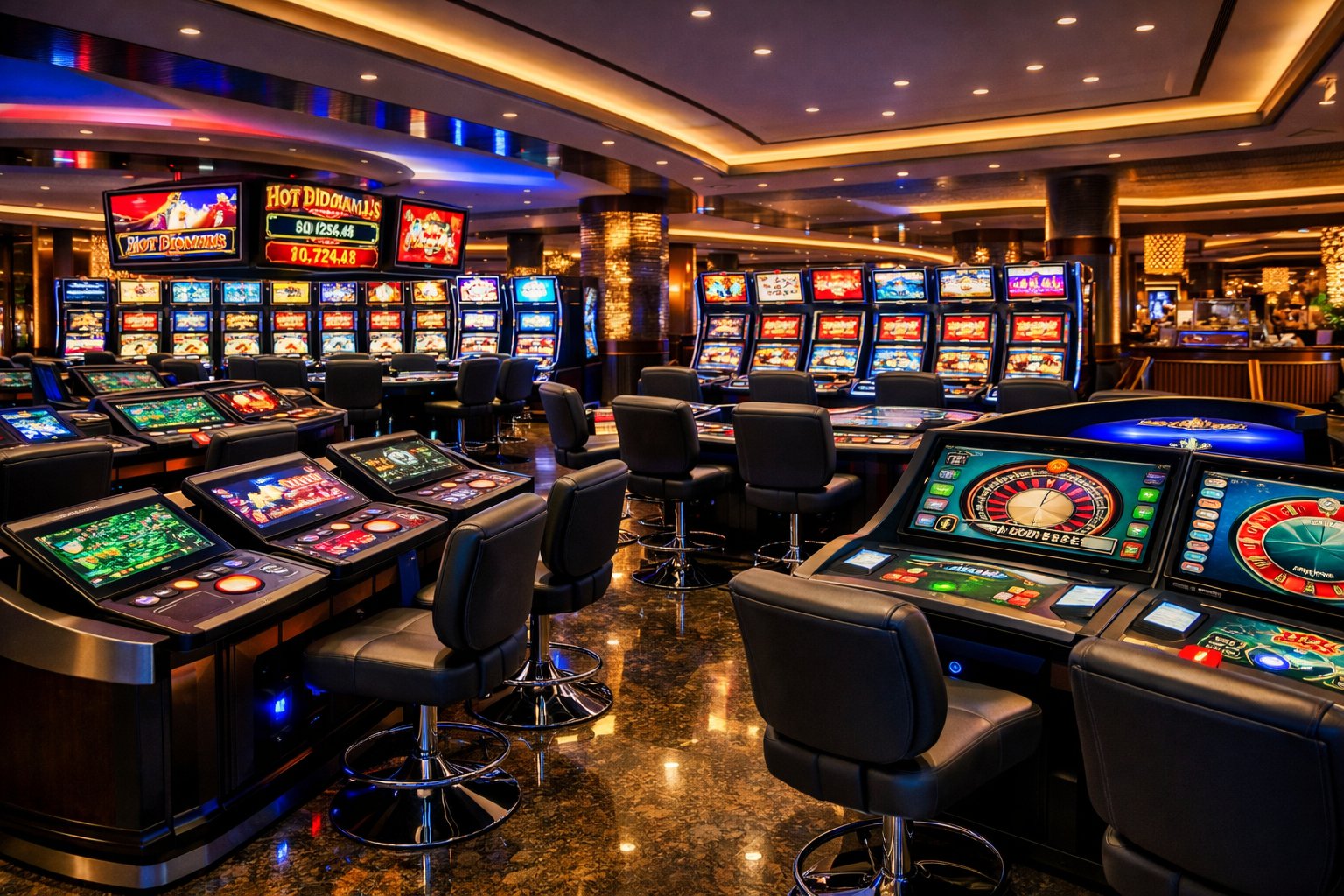 A Modern Casino Game Selection Area With Slot Machines And Electronic Gaming Tables Under Colorful Lights.