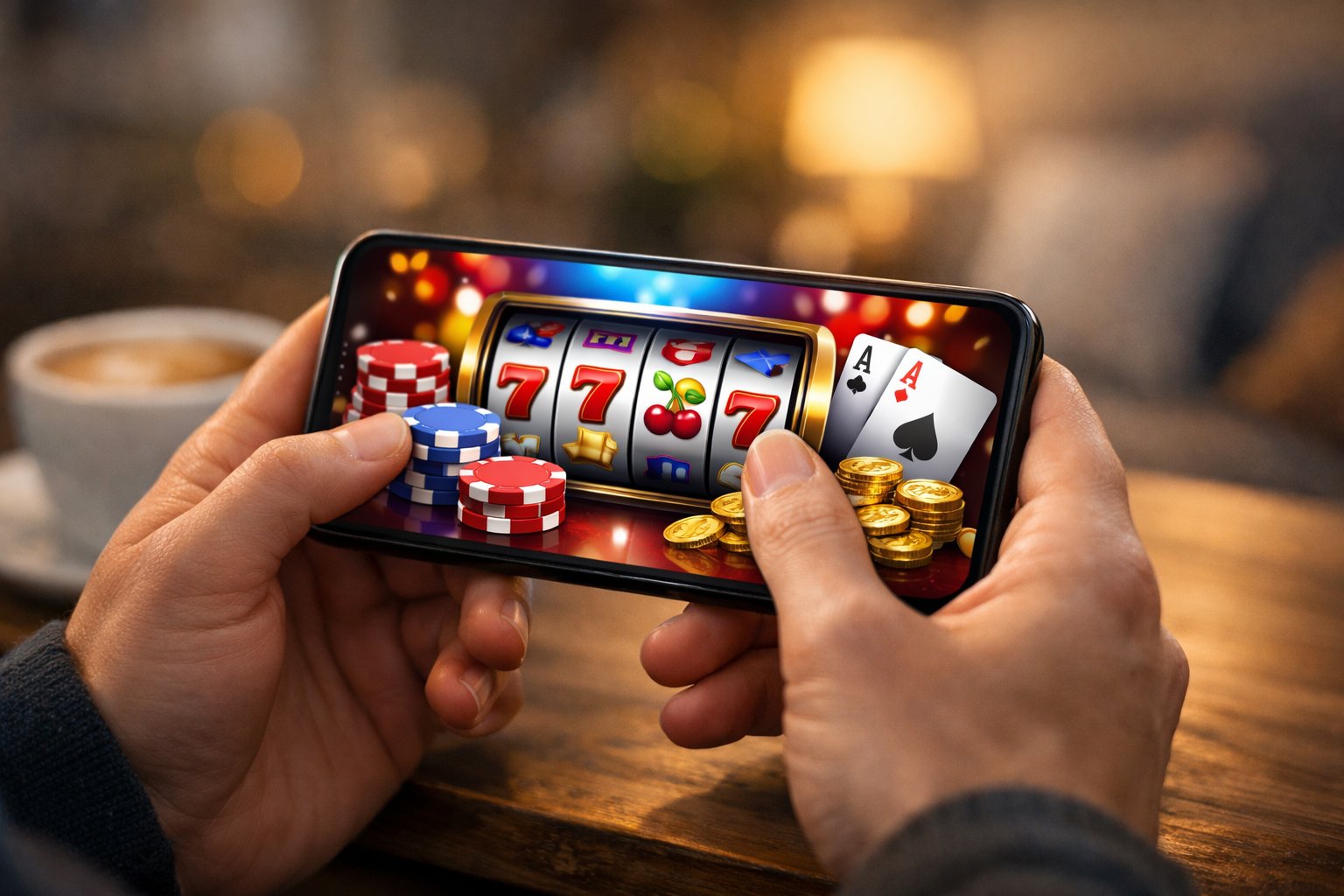 Person Holding A Smartphone Playing A Colorful Casino Game In A Cozy Indoor Setting.