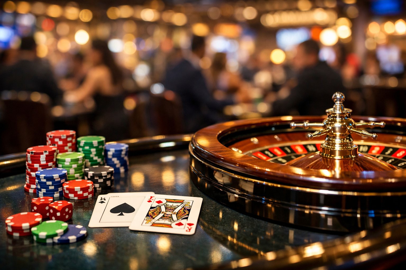 A Casino Gaming Table With Poker Chips, Playing Cards, And A Roulette Wheel, With People In The Background.