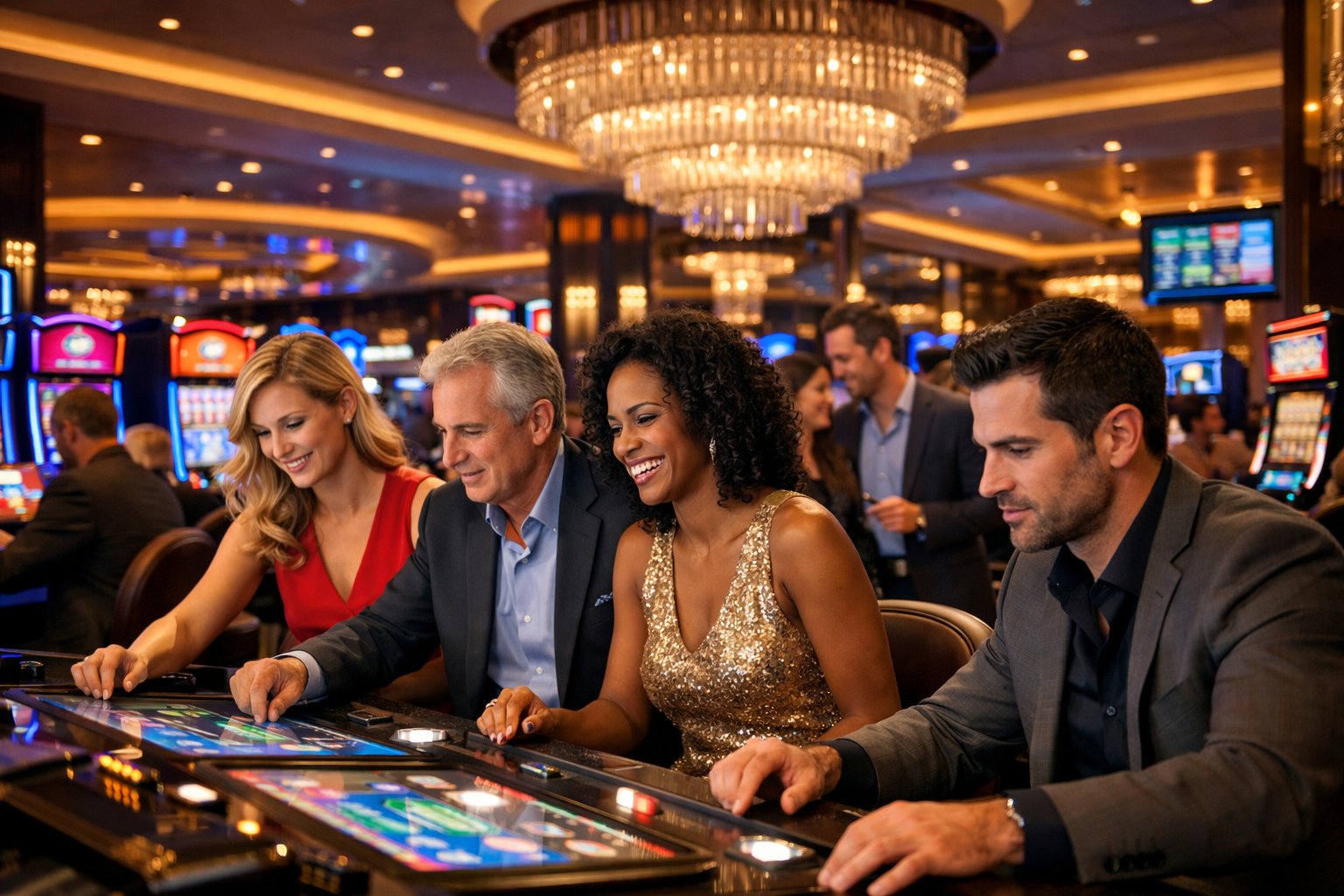 A Busy Casino Floor With People Playing Slot Machines And Gaming Tables Under Colorful Lights.